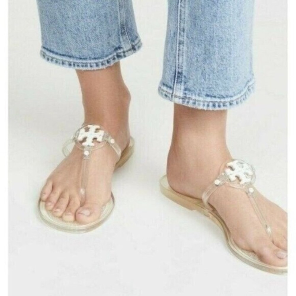 TORY BURCH clear jelly sandals white logo SIZE 9 womens
